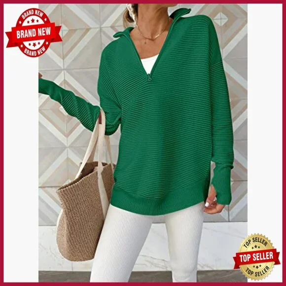 Long Sleeve Quarter Zip Pullover Sweater Ribbed Knit Thumb Hole Loose Fit - Picture 2 of 7